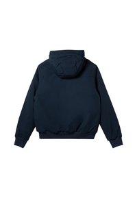 Mörkblå huva jacka med elastiska ärmslut och midja, slät textur, enkel design och inga synliga mönster eller hårdvarudetaljer.