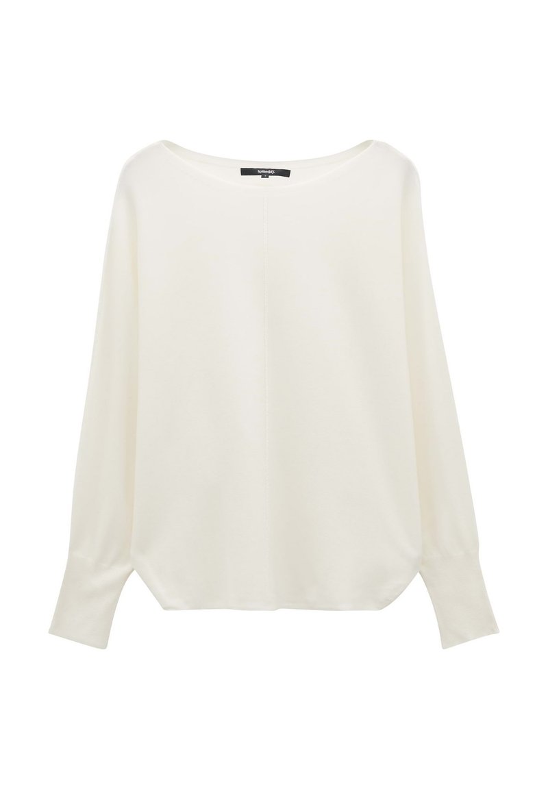 Biała bluzka z długim rękawem, wykonana z miękkiego materiału, z okrągłym dekoltem, luźnym krojem i lekko zwężanymi rękawami. Gładka, jednolita faktura.