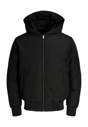 Schwarze Kapuzenjacke mit Frontreißverschluss, seitlichen Taschen sowie gerippten Bündchen und Saum, auf einem weißen Hintergrund gezeigt.
