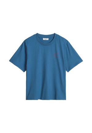 Blue short-sleeve crew neck t-shirt with small red graphic on left chest and white label inside collar.