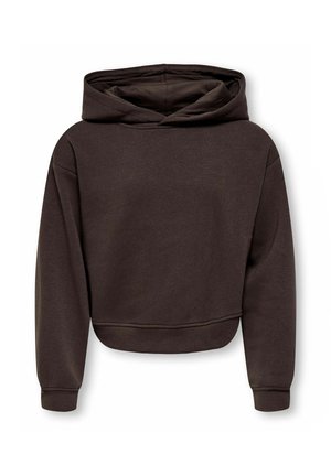 Sweat à capuche court marron foncé avec manches longues, poignets et ourlet côtelés, présenté à plat sur fond blanc.