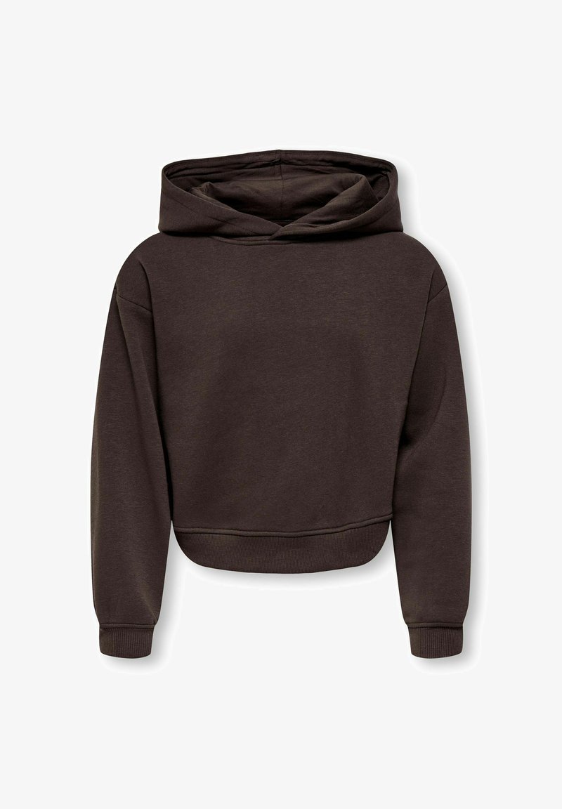 Sweat à capuche court marron foncé avec manches longues, poignets et ourlet côtelés, présenté à plat sur fond blanc.