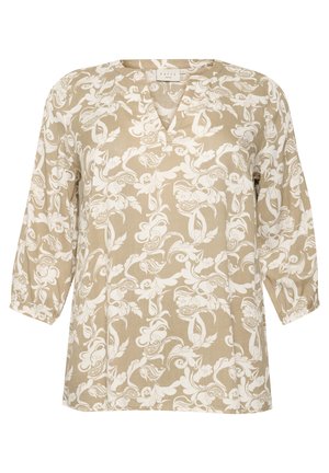 Beige Bluse mit einem floralem weißen Muster, V-Ausschnitt und dreiviertel Ärmeln. Leichter Stoff mit leicht strukturiertem Finish.