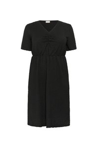 Abito nero a maniche corte con scollatura a V e dettagli arricciati sul busto, realizzato in tessuto testurizzato, silhouette fluida, design lungo fino al ginocchio.