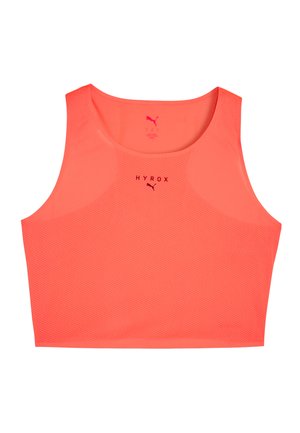 Bright neon pink sports crop top made of textured, breathable material. Features a round neckline and minimal branding on the front.