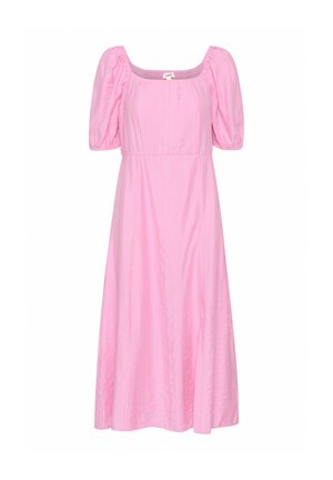 Robe midi rose avec manches courtes bouffantes et encolure carrée, en tissu léger avec une finition légèrement texturée.
