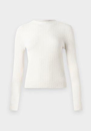 Suéter blanco de punto acanalado de manga larga y cuello redondo, con un corte ajustado y dobladillo recto, exhibido sobre un fondo liso.