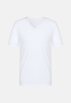 Witte T-shirt met korte mouwen en een V-hals ontwerp. Gemaakt van een gladde stof, met een regular fit en minimale stikseldetails.