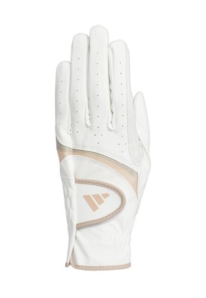 Witte golfhandschoen van leer, met perforaties voor ademend vermogen en een beige accent op de pols met een logo-detail.