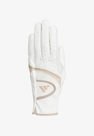 Weißer Golfhandschuh aus Leder, mit Perforationen für Atmungsaktivität und einem beigen Akzent am Handgelenk mit einem Logodetail.