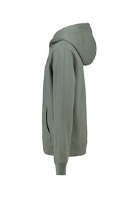 Kapuzensweatshirt in olivgrün, aus weichem Baumwollmaterial gefertigt. Verfügt über eine Kängurutasche und gerippte Bündchen mit einer lockeren Passform. Einfaches Design.
