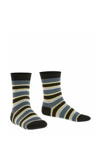 Para skarpetek w paski z szerokimi czarnymi, szarymi, niebieskimi i żółtymi paskami; wykonane z miękkiego, elastycznego materiału.