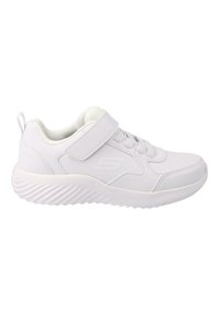 Baskets blanches en matériau synthétique, dotées d'un collier rembourré, d'un dessus texturé, d'un système de laçage et d'une sangle velcro au milieu du pied.