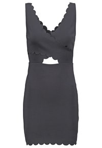 Mini-robe noire sans manches avec bords festonnés, encolure en V, corsage style portefeuille et petite découpe sous la poitrine.