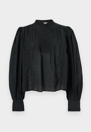 Μαύρο μακρυμάνικο μπλουζάκι με φουσκωτά μανίκια με πιέτες, λαιμόκοψη με κουμπί, κάθετες δαντέλες και πιετέ λεπτομέρειες στο μπροστινό μέρος.