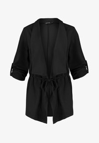 Blazer negro abierto al frente con mangas remangadas y cinturón ajustable de atar en la cintura, sin botones ni cierres, acabado de tela lisa.