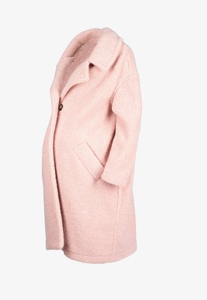 Rosa Fleece-Mantel mit Notch-Kragen, einer einzigen Knopfverschluss, Fronttaschen und einem lockeren Schnitt. Weiche Textur und knielanges Design.