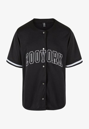 Black short-sleeve jersey with button closure, "ZOOYORK" printed in bold white letters, featuring contrasting white stripes on sleeves.