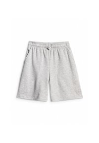 Shorts décontractés gris clair avec taille élastique, cordon, poches latérales et petit logo près de l'ourlet inférieur sur une jambe.