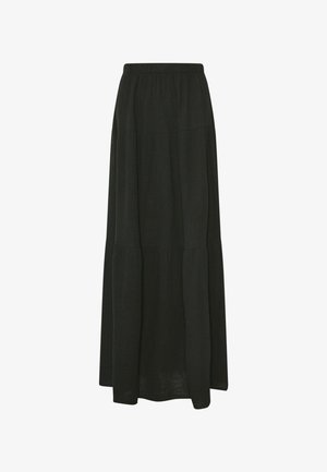 Gara melna daudzslāņu svārki ar elastīgu jostasvietu, izgatavoti no teksturētas vieglas auduma, plūstošs dizains, kas sniedzas līdz potītēm.