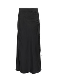 Zwarte midi rok van gladde stof, met een verstelbare tailleband en zijkanten met plooien, voorzien van verstelbare strikjes voor stijl en pasvorm.