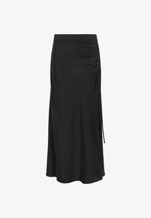 Sort midi-nederdel lavet af glat stof, med en tætsiddende linning og rynkning på siden, samt justerbare snore til stil og pasform.