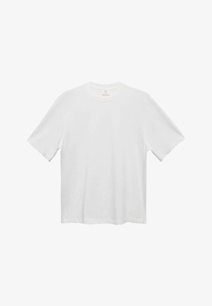 White cotton t-shirt with a crew neck, short sleeves, and a relaxed fit. Smooth texture, no patterns or accents. Simple, classic design.
