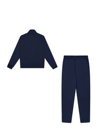 Navy tracksuit with a zip-up jacket featuring elastic cuffs and matching pants. Made from smooth fabric with a relaxed fit.