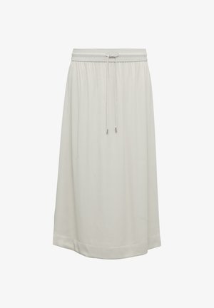 Gonna beige chiaro con vita elastica e dettaglio con cordino. Presenta una silhouette rilassata e una texture di tessuto liscia e morbida.