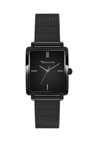 Zwarte rechthoekige watch met een matte wijzerplaat, zilveren uurmarkeringen en een stalen mesh strap. Beschikt over een zij-kroon voor aanpassing.