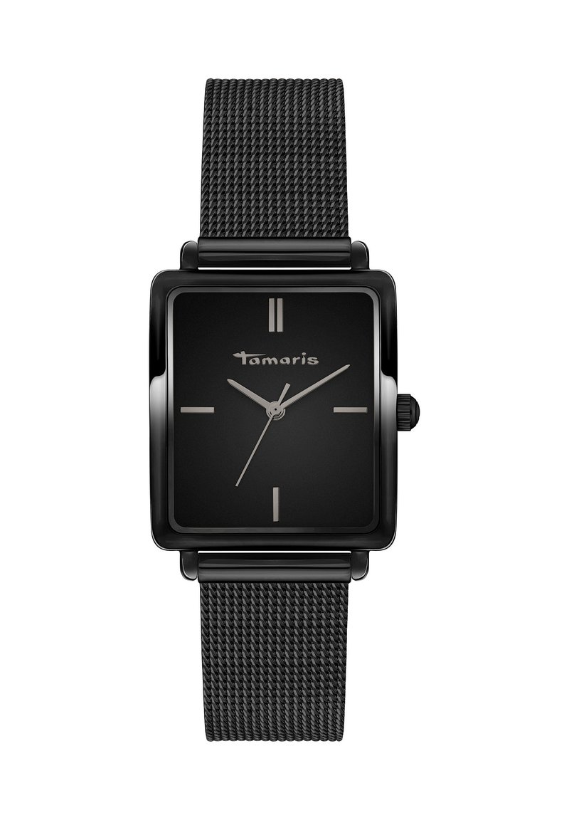 Zwarte rechthoekige watch met een matte wijzerplaat, zilveren uurmarkeringen en een stalen mesh strap. Beschikt over een zij-kroon voor aanpassing.
