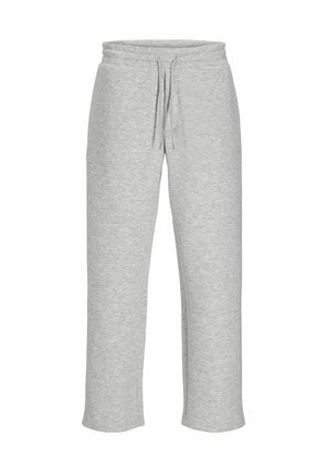 Grå sweatpants lavet af blødt stof, med elastisk talje og snørretræk, sidelommer og lige ben.
