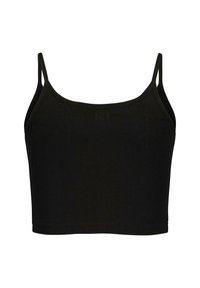 Schwarzes, kurzes Tanktop aus geripptem Stoff mit dünnen Spaghetti-Trägern und tailliertem Design. Glatte Textur in einfarbigem Look.