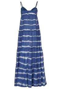 Modrá tie-dye maxi šaty s tenkými ramínky, vrstevnatým designem a volánkovými detaily. Obsahují zapínání na knofl�íky vpředu a lehkou texturu.