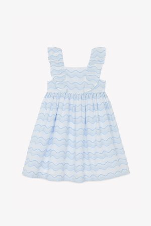 Hele sinine kleit lainelise valge mustriga, volangikeste ja kogutud vöökohaga, alt laienev. Valmistatud kerge kangast.