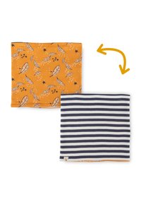 Two cotton neck warmers: one features an orange background with leaf and star print, the other has blue and white horizontal stripes.