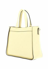 Sac fourre-tout synthétique jaune avec liseré noir, forme structurée, poignées doubles et design minimaliste. Aucun motif ou ferrure visible en évidence.