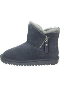 Graue Wildleder-Ankle-Boots mit Kunstfellfutter, seitlichem Reißverschluss und Gummisohle mit strukturiertem Profil.