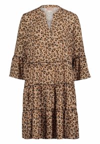Šaty s leopardím potiskem v béžovém materiálu, s klopovým límcem, tříčtvrtečními rukávy a vrstveným volánkovým lemem. Měkká, hladká textura.