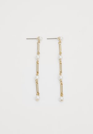 Gold drop earrings featuring elongated rectangular links and white pearls. Attached with metal posts for secure wear.