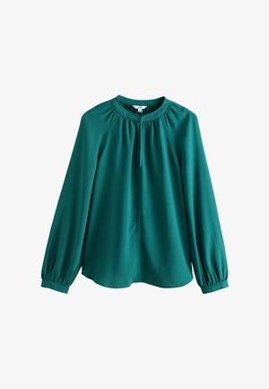 Turquoise blouse van gladde stof, met een ronde halslijn, geplooide details en lange mouwen met elastische manchetten.