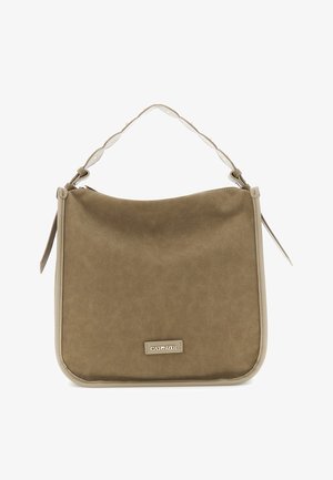 Lysebrun ruskindshåndtaske med beige kant og kort hank, med en lille metal logoplade midt for.