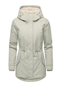 Lys beige vandtæt jakke med en fleeceforet hætte, justerbare snore i taljen og to sidelommer.