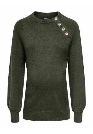 Dunkelgrüner Strickpullover mit langen Ärmeln, gerippten Bündchen und Saum, rundem Ausschnitt und vier dekorativen goldenen Knöpfen auf der linken Schulter.