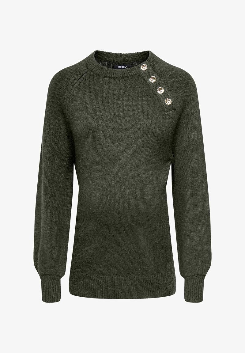 Pull en maille vert foncé à manches longues, poignets et ourlet côtelés, encolure ronde, et quatre boutons décoratifs dorés sur l'épaule gauche.