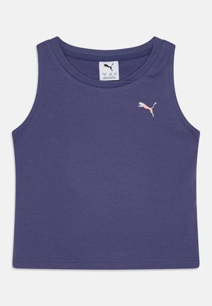 Camiseta de tirantes morada con costillas, de escote redondeado y un pequeño logo bordado en el lado izquierdo del pecho. Diseñada para un ajuste ceñido.