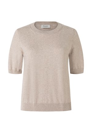 Beige short-sleeve knit sweater with ribbed crew neckline, cuffs, and hem, labeled "Maerz" on the inside collar.
