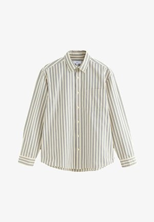 Gestreiftes Hemd in hellem Creme mit marineblauen vertikalen Streifen, ausgestattet mit einem klassischen Kragen, langen Ärmeln und einer Brusttasche.