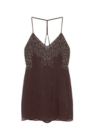 Mouwloze bruine mini-jurk met dunne bandjes, een pailletten lijfje en verspreide verticale kralenversieringen op de rok.