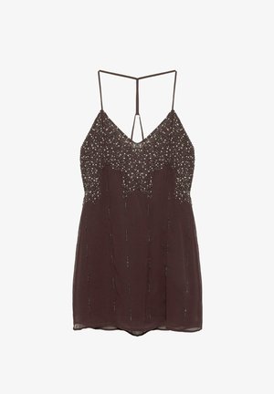 Ärmelloses braunes Minikleid mit dünnen Trägern, paillettenbesetztem Oberteil und verstreuten vertikalen Perlenverzierungen am Rock.